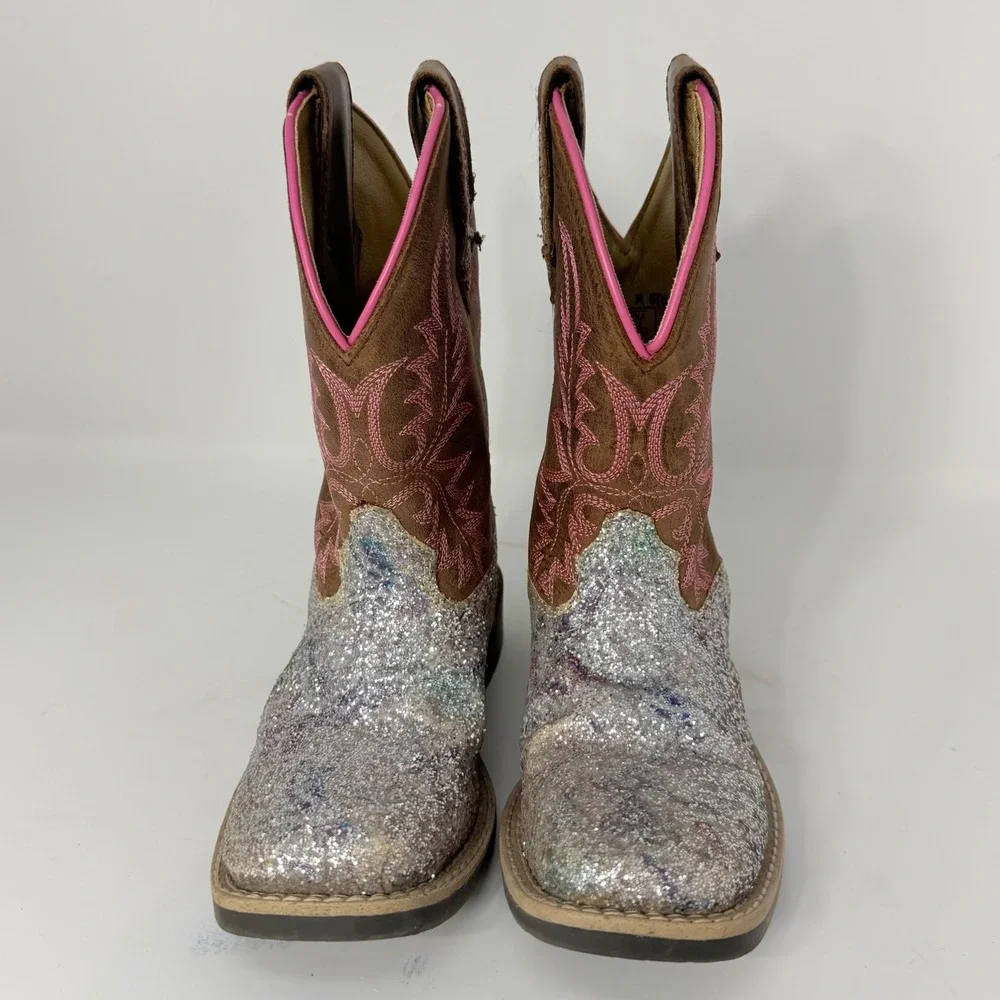Smoky Mountain Boots Girls Silver Glitter Brown Leather Western Boots  Sz 11